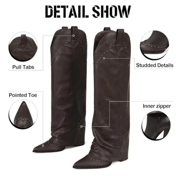 Women's Knee High Boots 3.7 Inch Heel Studded Fold Over Vegan Leather - Picture 7 of 7